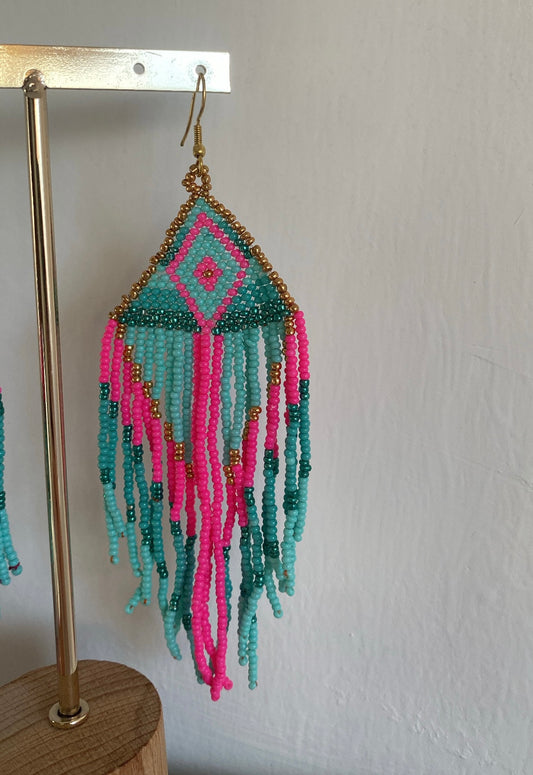 PENDIENTES BOLITAS VERDE-ROSA